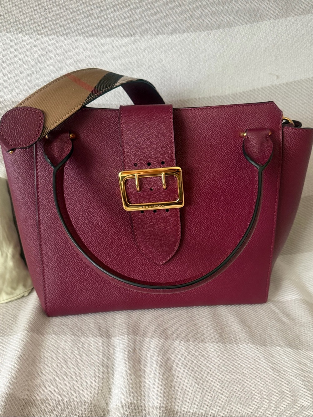Burberry Burgundy Leather Top-Handle Satchel with Check Strap - Picture 3 of 12